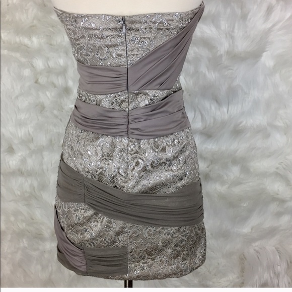 BEBE Strapless Silver Lace Bodycon Cocktail Dress - Picture 4 of 4